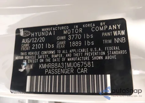 2021 Hyundai Venue Se из США, поврежденный, VIN KMHRB8A31MU067581